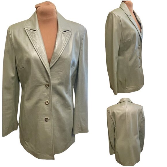 ST. JOHN Sport Leather Jacket By Marie Gray S Shimmer Pastel Green Italy Luxury - Picture 1 of 16